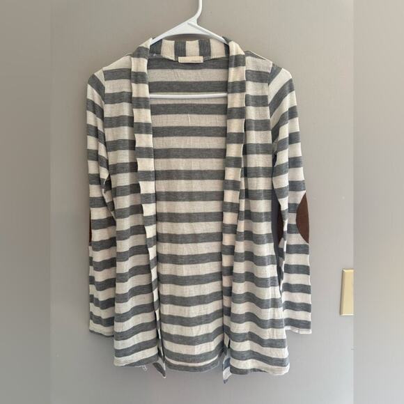 Alwaysme Open Front Cardigan Grey White Striped Elbow Pads Casual Layering - Picture 1 of 8